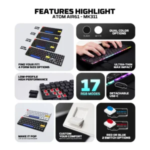 TECHNICAL SPECIFICATIONS Model Number: MK311 Interface: USB-C Connectivity: Wired Cable Length: 1.5 m PVC Cable Number of Keys:61 Size: 291*101*25 mm Switch Type: Mechanical Low-Profile Keycap Type: ABS Anti-Ghosting: 22-Key Lighting Effects: RGB 17 Modes Weight: 340 ± 5 g Power rating: 5V==150mA Compatibility: Windows 7R or later & Mac® OS 10.11 or later